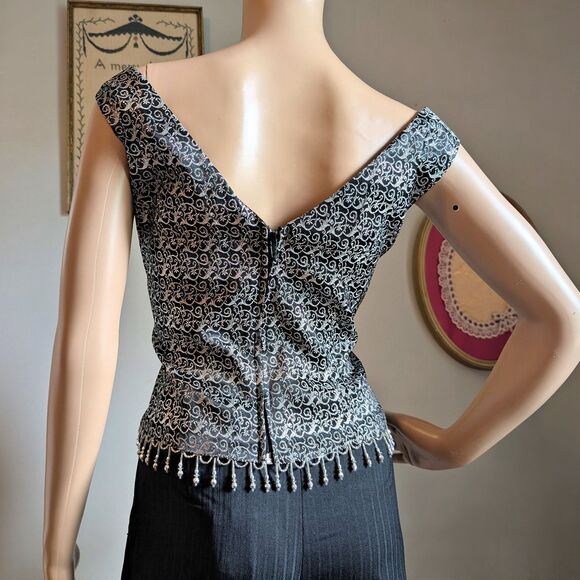 Vintage 90s Cachet Beaded Top Fringe Evening Cocktail Whimsigoth Silver Size 12 - Picture 3 of 12
